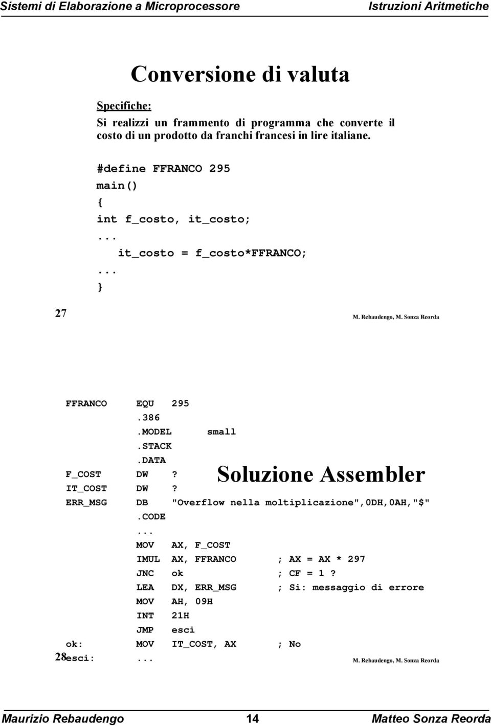 data F_COST DW? IT_COST DW? Soluzione Assembler ERR_MSG DB "Overflow nella moltiplicazione",0dh,0ah,"$".