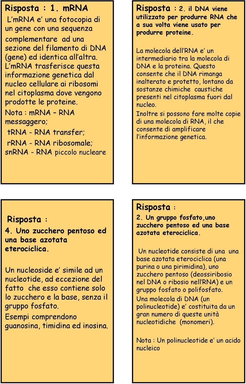 Nota : mrna RNA messaggero; trna - RNA transfer; rrna - RNA ribosomale; snrna - RNA piccolo nucleare Risposta : 2.
