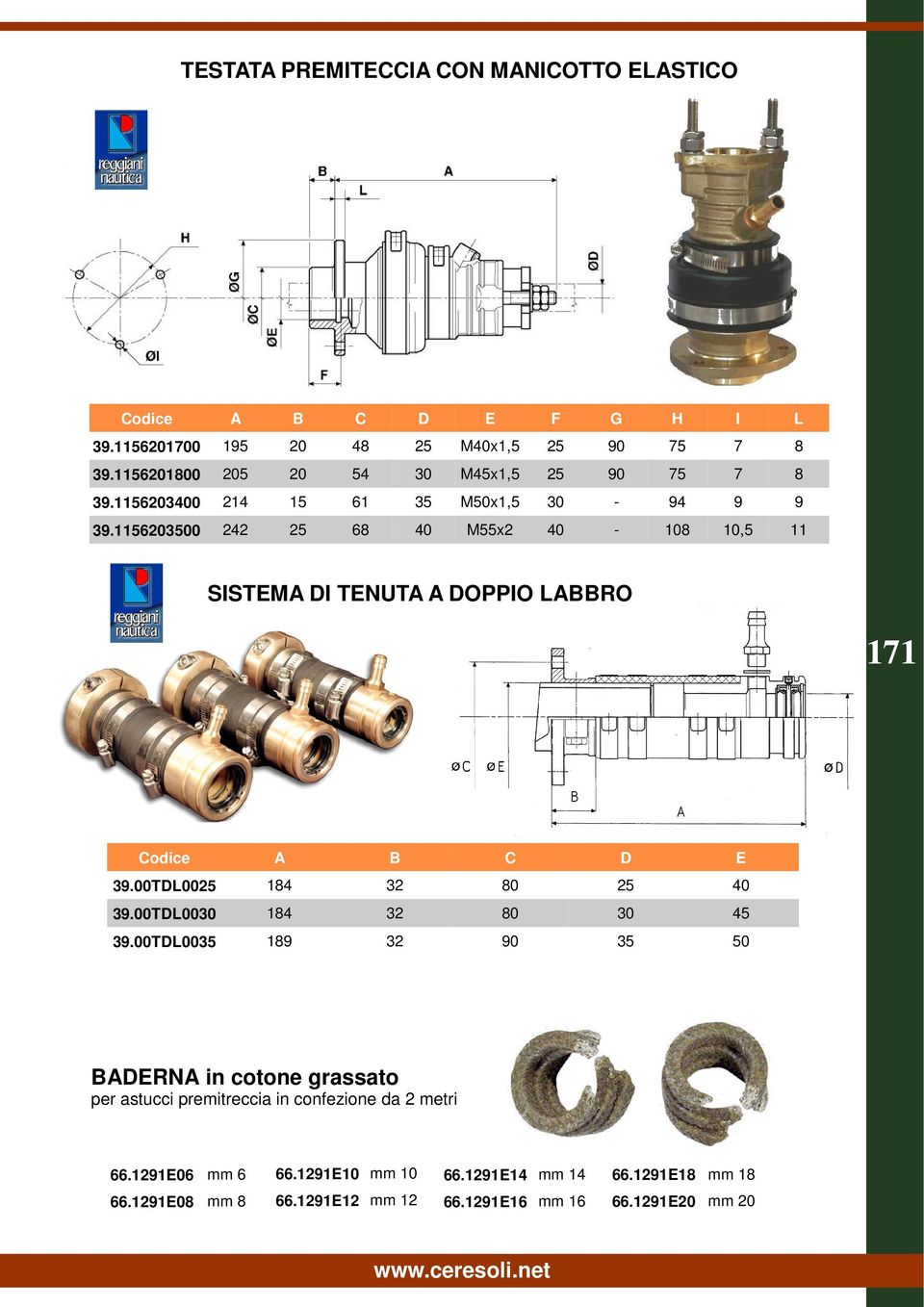 1156203500 242 25 68 40 M55x2 40-108 10,5 11 SISTEMA DI TENUTA A DOPPIO LABBRO 171 Codice A B C D E 39.00TDL0025 184 32 80 25 40 39.