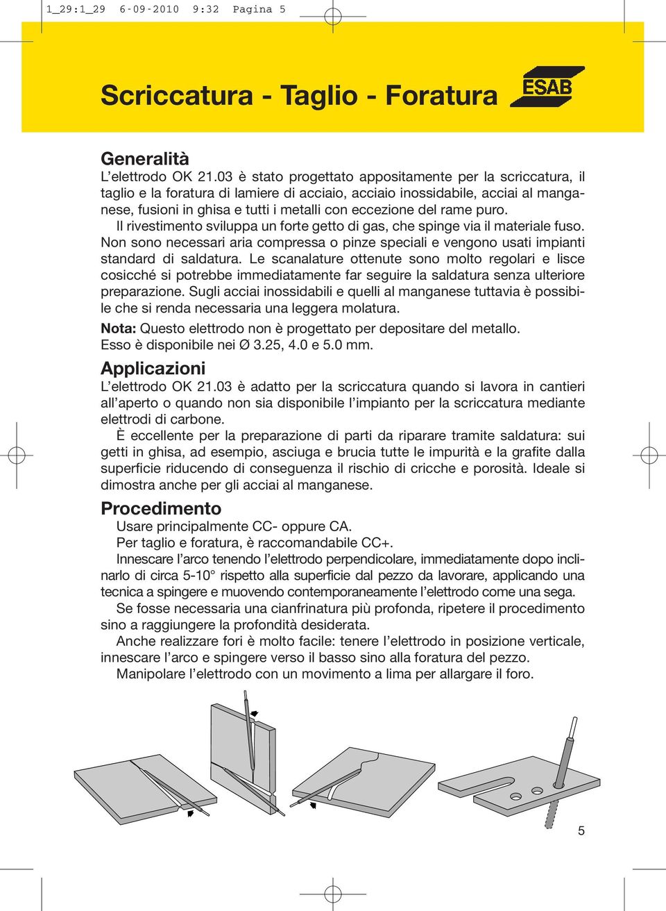 rame puro. Il rivestimento sviluppa un forte getto di gas, che spinge via il materiale fuso. Non sono necessari aria compressa o pinze speciali e vengono usati impianti standard di saldatura.