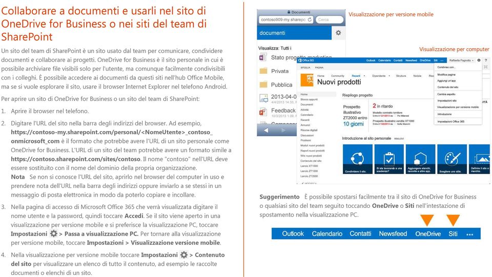 È possibile accedere ai documenti da questi siti nell'hub Office Mobile, ma se si vuole esplorare il sito, usare il browser Internet Explorer nel telefono Android.