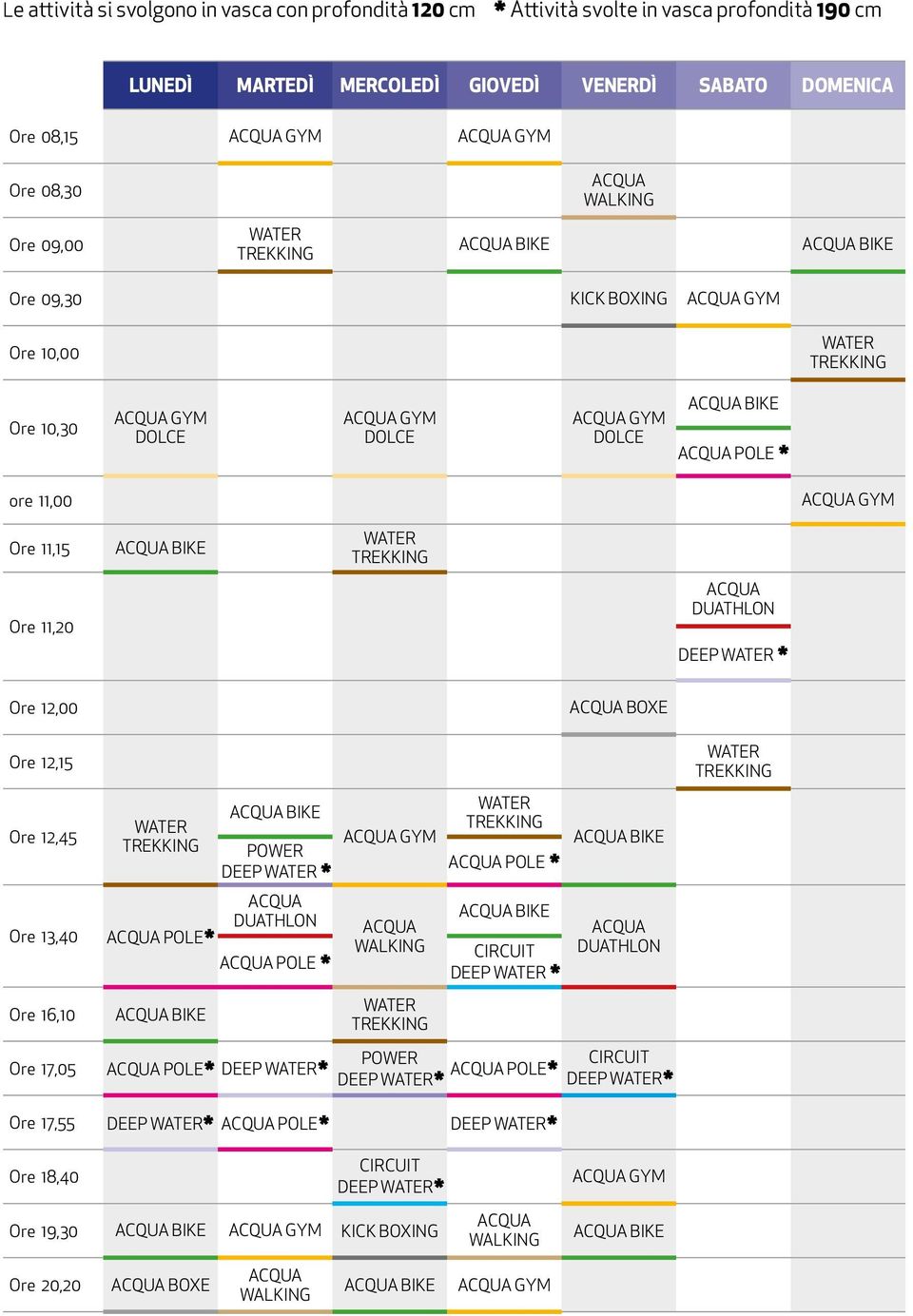water trekking Ore 11,20 ACQUA DUATHLON deep water * Ore 12,00 Ore 12,15 Ore 12,45 Ore 13,40 Ore 16,10 Ore 17,05 water trekking ACQUA pole* POWER deep water * ACQUA DUATHLON ACQUA pole * ACQUA pole*