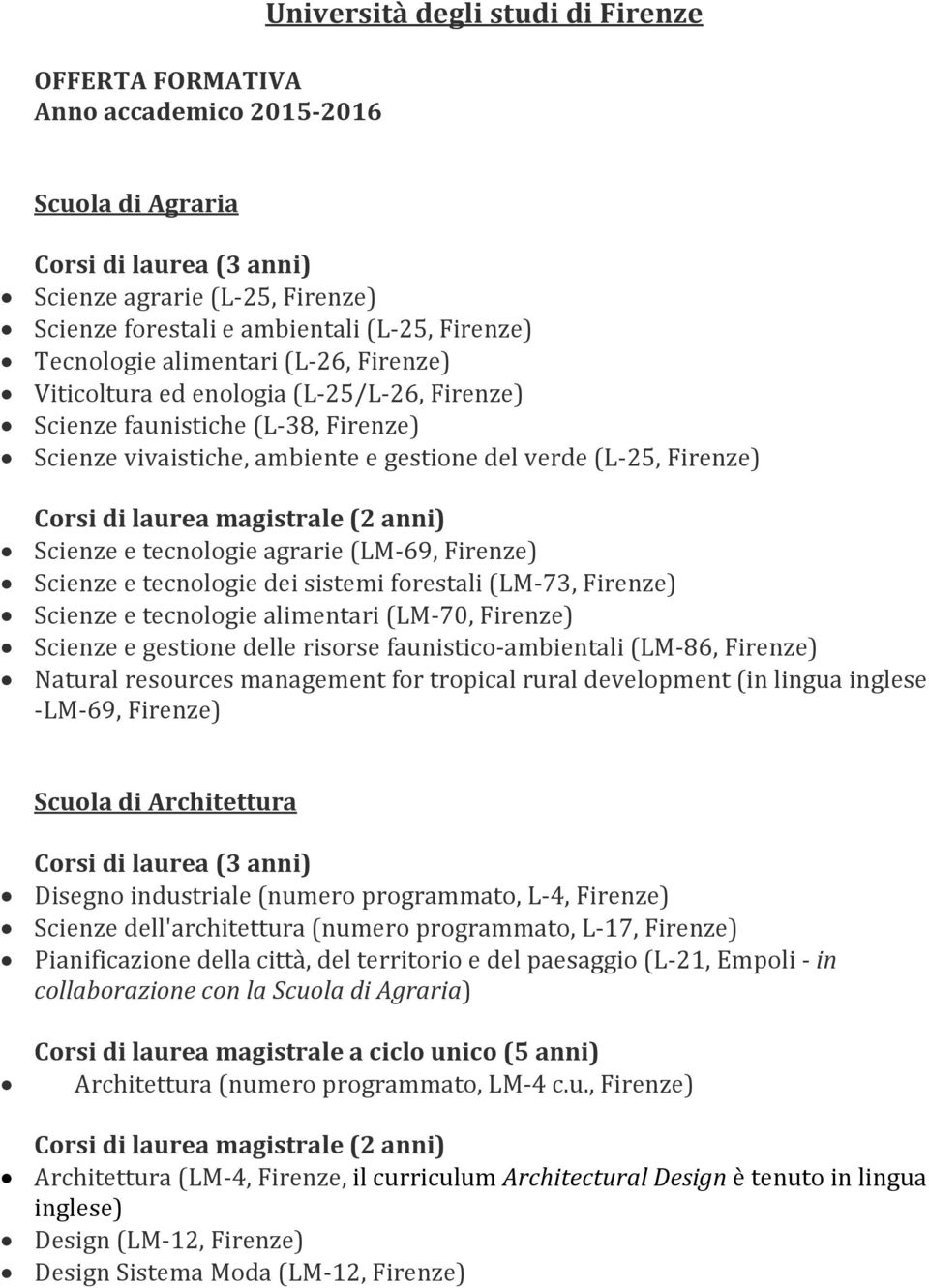 (LM-69, Firenze) Scienze e tecnologie dei sistemi forestali (LM-73, Firenze) Scienze e tecnologie alimentari (LM-70, Firenze) Scienze e gestione delle risorse faunistico-ambientali (LM-86, Firenze)