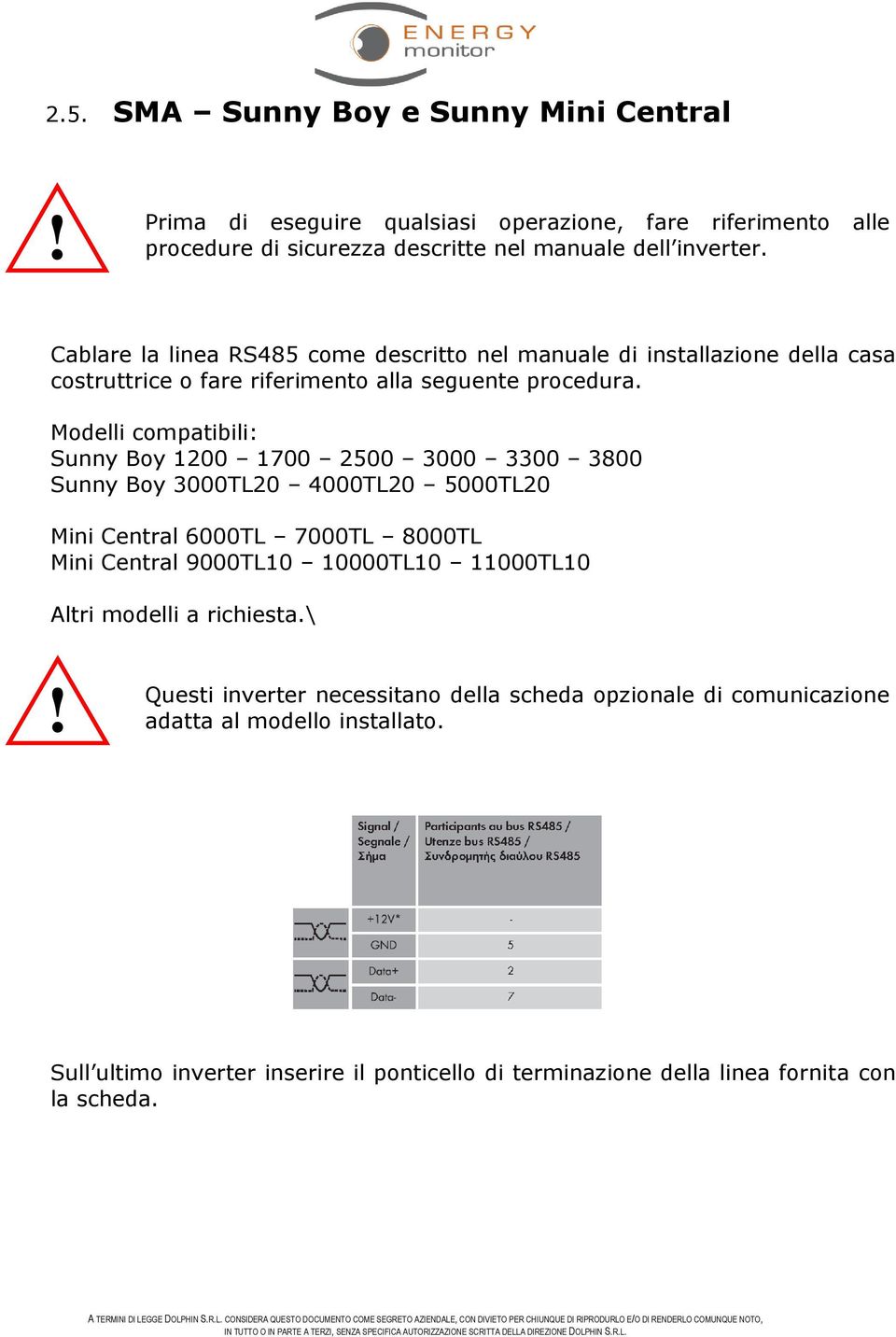 Modelli compatibili: Sunny Boy 1200 1700 2500 3000 3300 3800 Sunny Boy 3000TL20 4000TL20 5000TL20 Mini Central 6000TL 7000TL 8000TL Mini Central 9000TL10 10000TL10 11000TL10