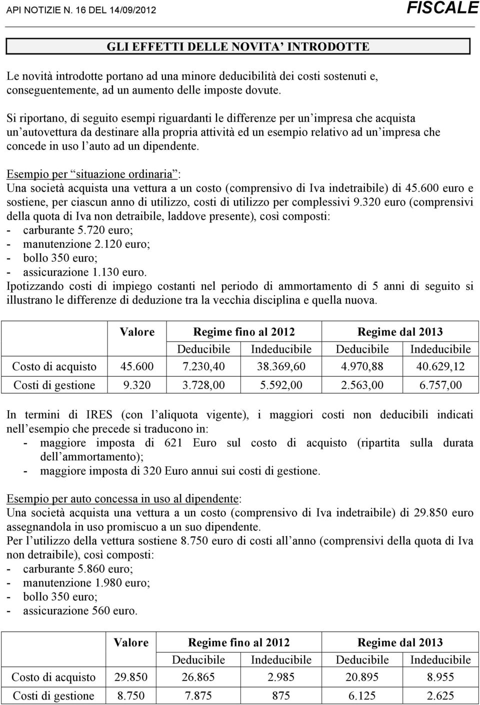 ad un dipendente. Esempio per situazione ordinaria : Una società acquista una vettura a un costo (comprensivo di Iva indetraibile) di 45.