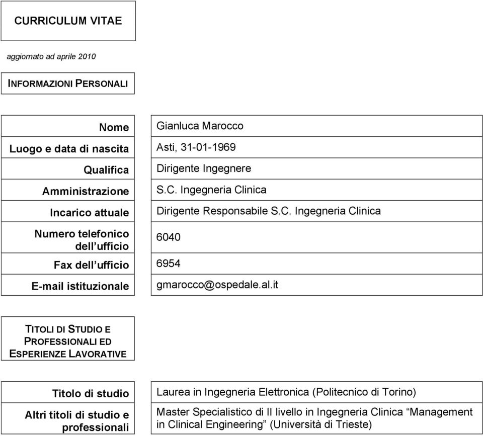 al.it TITOLI DI STUDIO E PROFESSIONALI ED ESPERIENZE LAVORATIVE Titolo di studio Altri titoli di studio e professionali Laurea in Ingegneria Elettronica