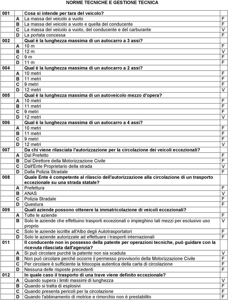 lunghezza massima di un autocarro a 3 assi? A 10 m F B 12 m V C 9 m F D 11 m F 004 Qual è la lunghezza massima di un autocarro a 2 assi?