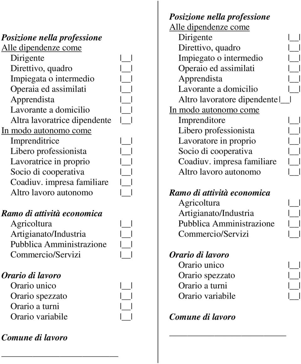 impresa familiare Altro lavoro autonomo Ramo di attività economica Agricoltura Artigianato/Industria Pubblica Amministrazione Commercio/Servizi Orario di lavoro Orario unico Orario spezzato Orario a