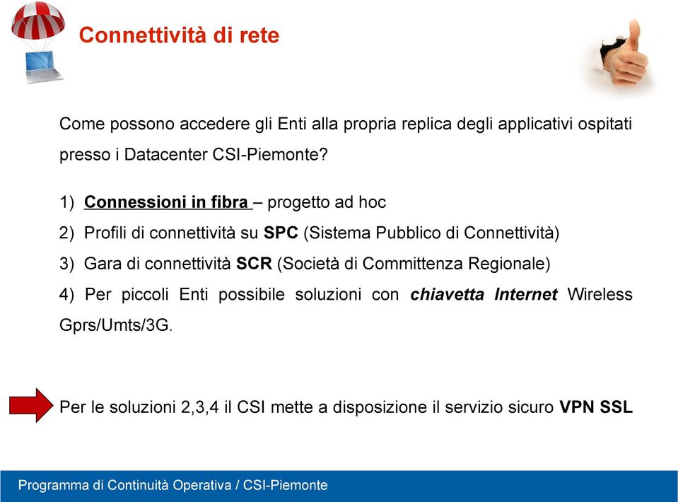1) Connessioni in fibra progetto ad hoc 2) Profili di connettività su SPC (Sistema Pubblico di Connettività) 3) Gara