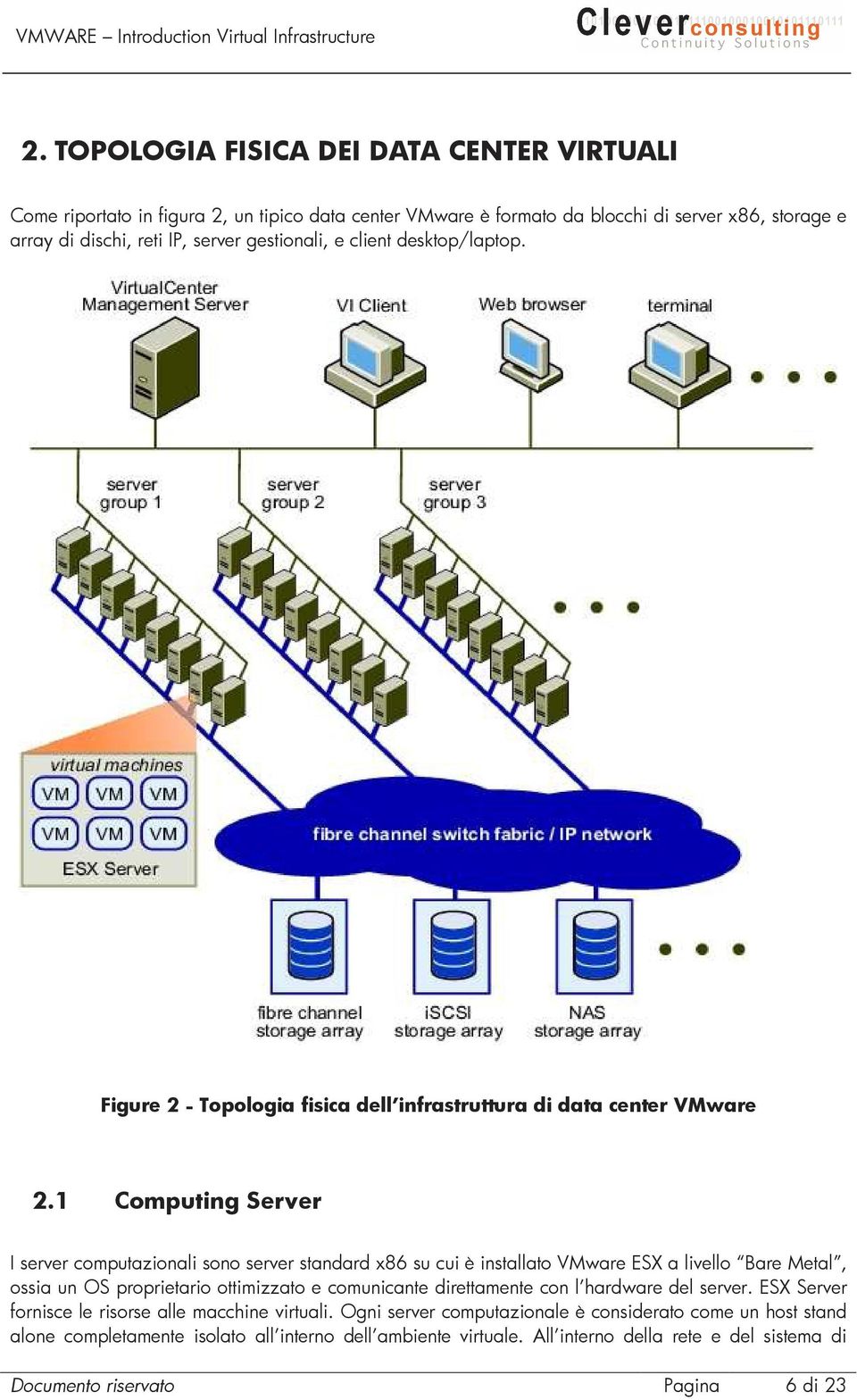 1 Computing Server I server computazionali sono server standard x86 su cui è installato VMware ESX a livello Bare Metal, ossia un OS proprietario ottimizzato e comunicante direttamente con