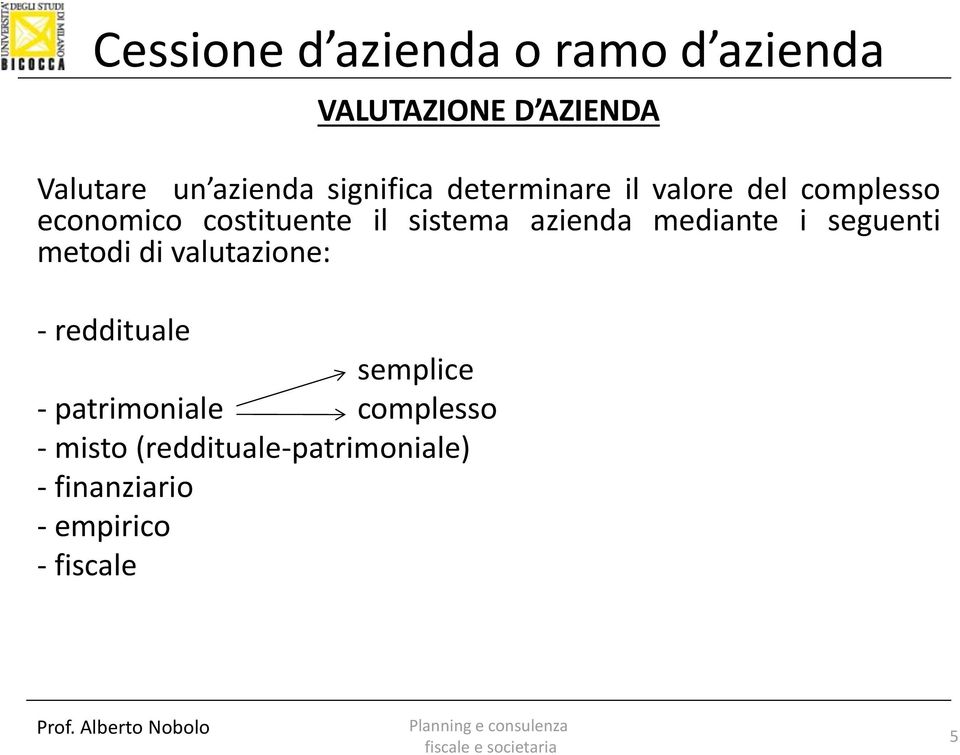 seguenti metodi di valutazione: - reddituale semplice - patrimoniale