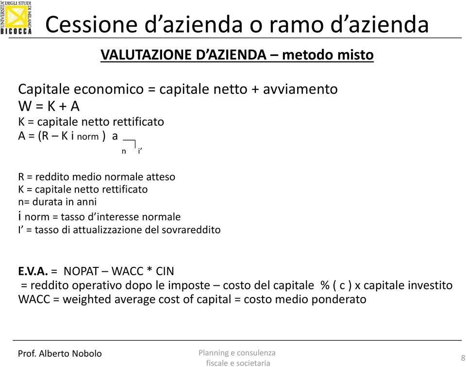 norm = tasso d interesse normale I = tasso di attualizzazione del sovrareddito E.V.A.