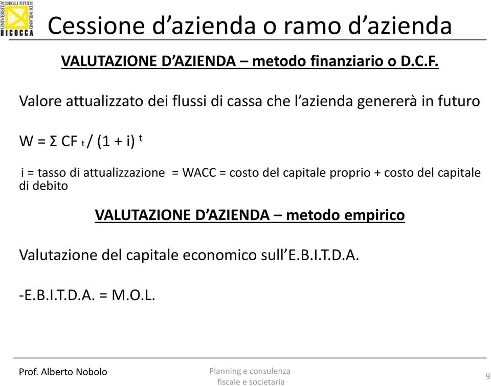 + i) t i = tasso di attualizzazione = WACC = costo del capitale proprio + costo del