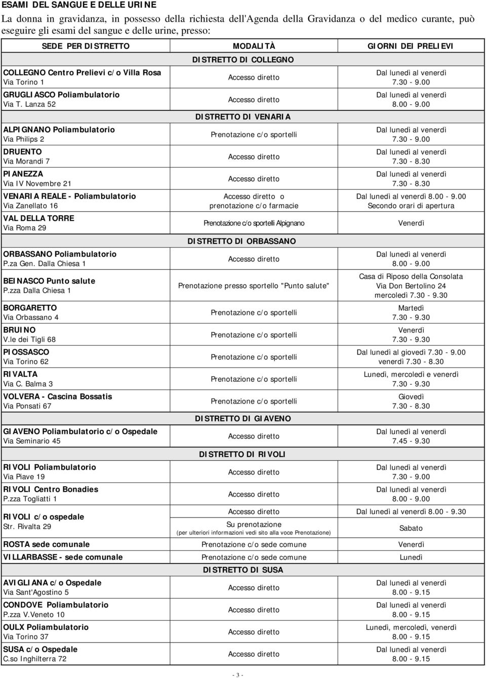 Lanza 52 ALPIGNANO Poliambulatorio Via Philips 2 DRUENTO Via Morandi 7 PIANEZZA Via IV Novembre 21 VENARIA REALE - Poliambulatorio Via Zanellato 16 VAL DELLA TORRE Via Roma 29 ORBASSANO