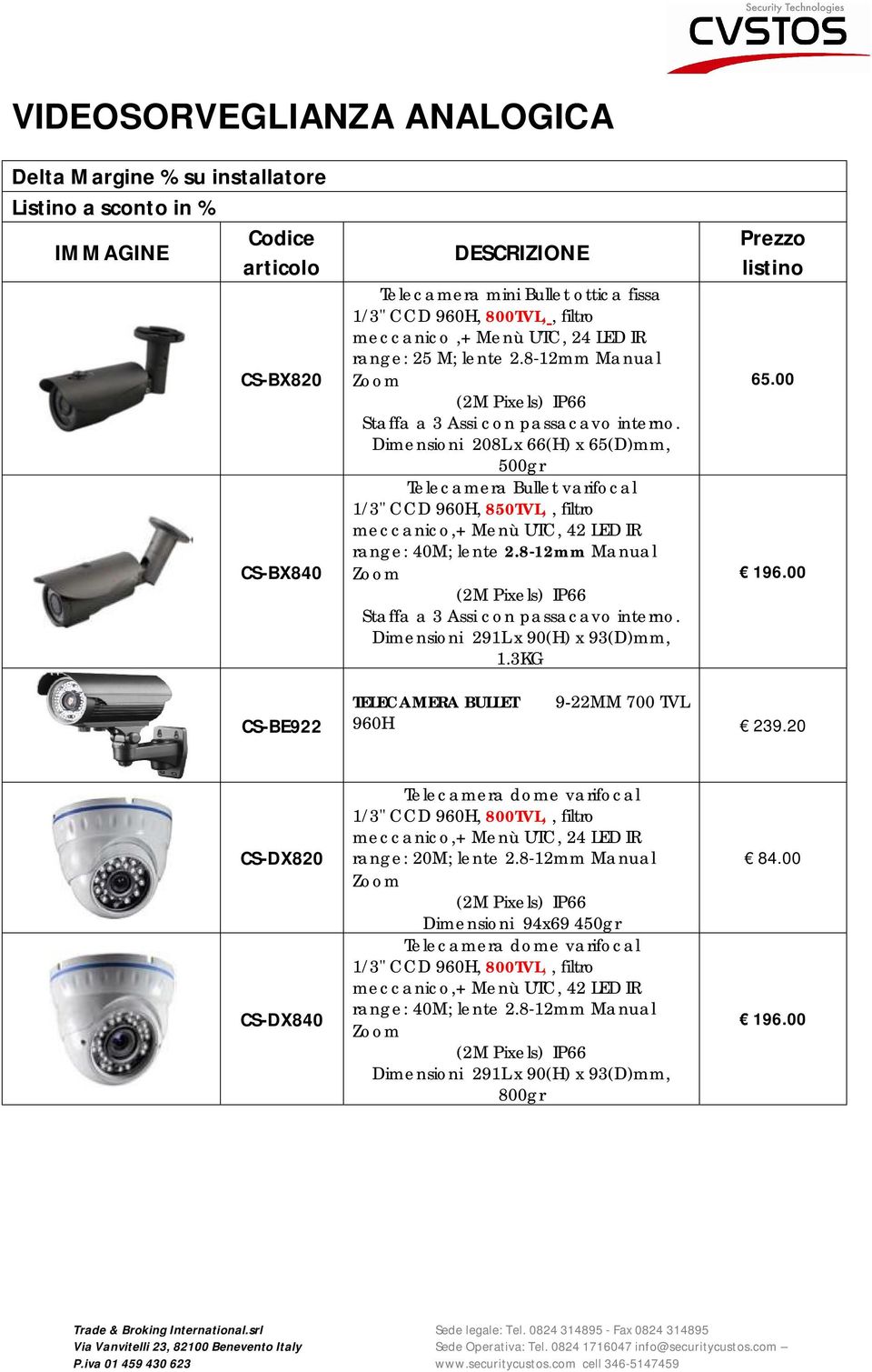 Dimensioni 208L x 66(H) x 65(D)mm, 500gr Telecamera Bullet varifocal 1/3" CCD 960H, 850TVL,, filtro meccanico,+ Menù UTC, 42 LED IR range: 40M; lente 2.