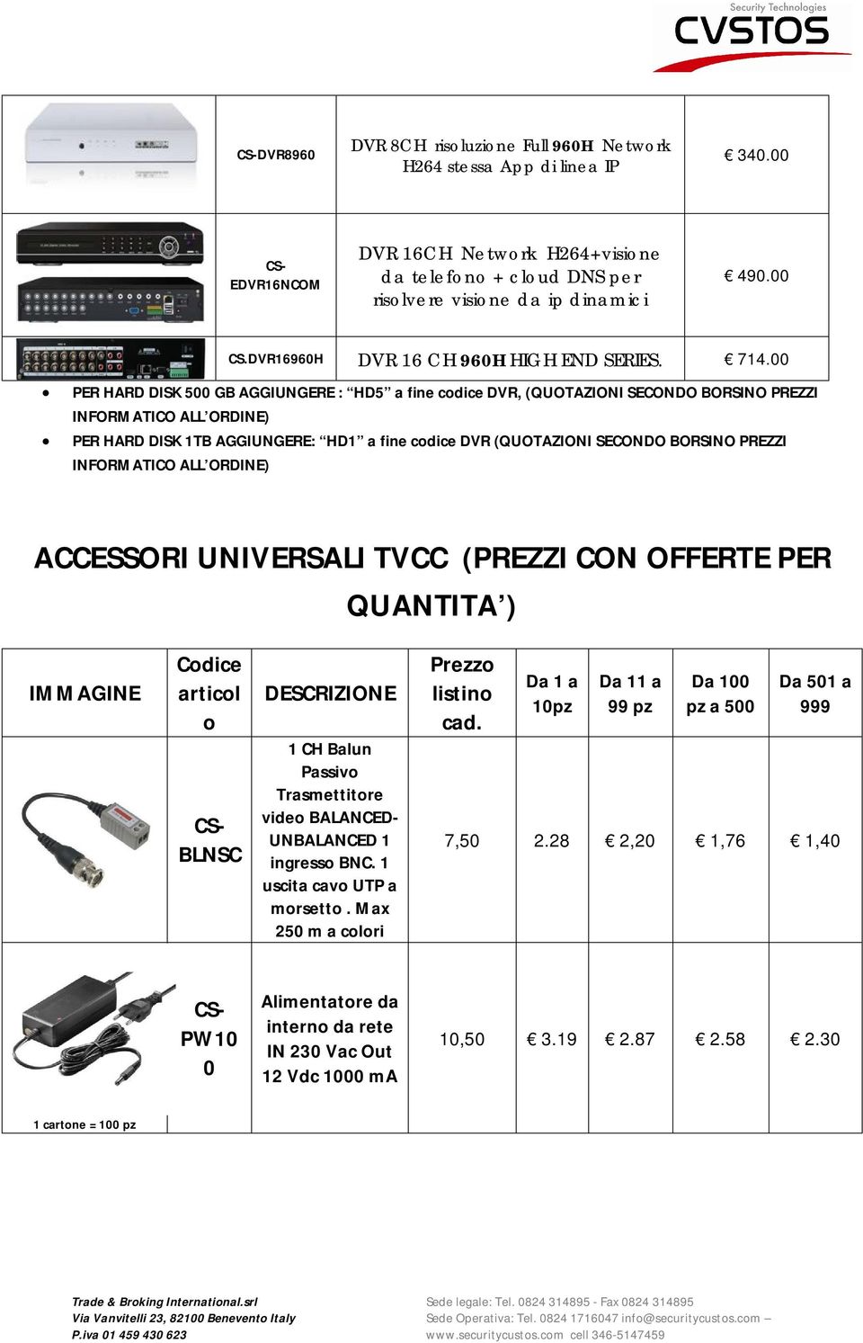 00 PER HARD DISK 500 GB AGGIUNGERE : HD5 a fine codice DVR, (QUOTAZIONI SECONDO BORSINO PREZZI INFORMATICO ALL ORDINE) PER HARD DISK 1TB AGGIUNGERE: HD1 a fine codice DVR (QUOTAZIONI SECONDO BORSINO