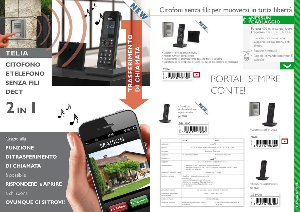 NESSUN CABLAGGIO Portata: 400 m in campo libero Frequenza: DECT,88-,9 GHz GAP Ricevitore da tavolo con caricabatteria o da cintura Batterie ricaricabili Doppio comando bocchetta E cancello PORTALI