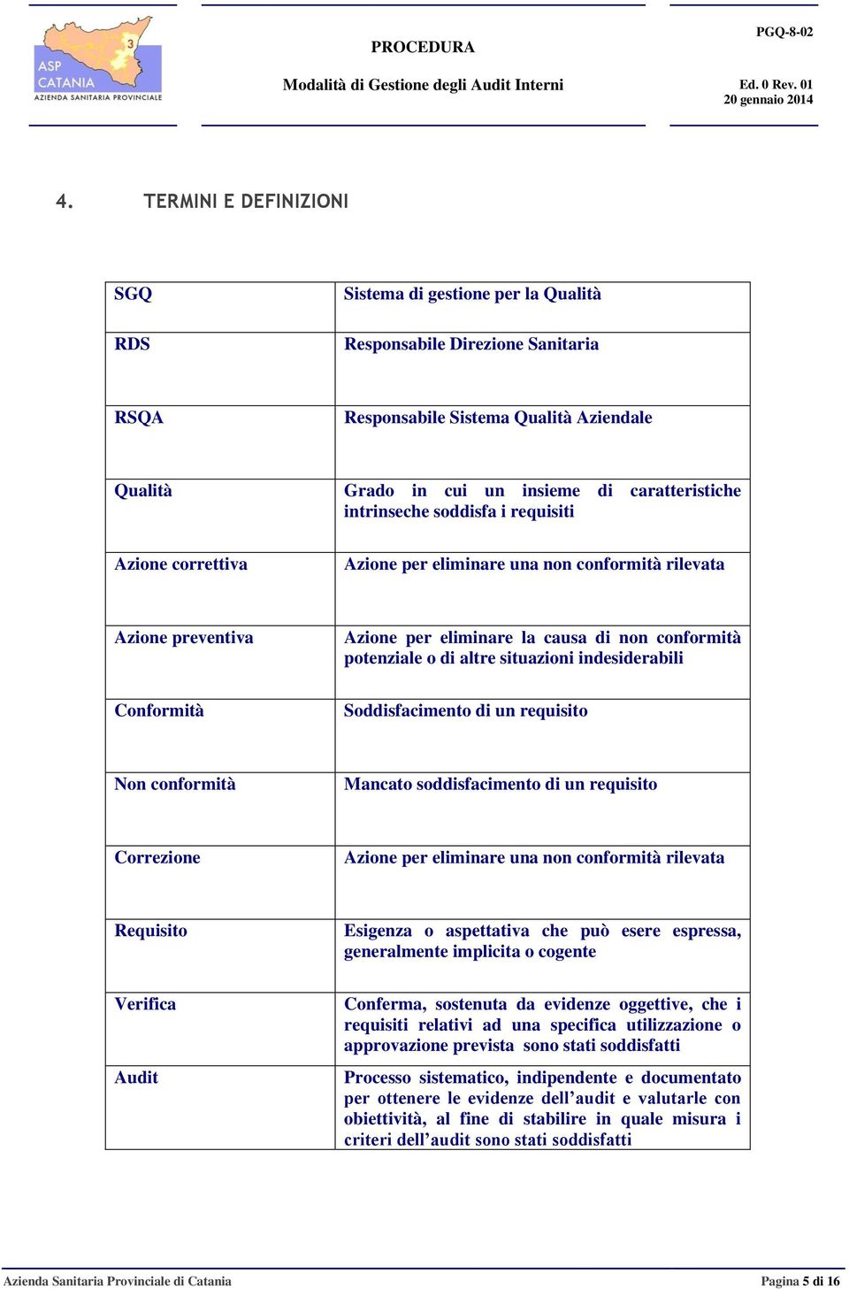 situazioni indesiderabili Soddisfacimento di un requisito Non conformità Mancato soddisfacimento di un requisito Correzione Azione per eliminare una non conformità rilevata equisito Verifica Audit