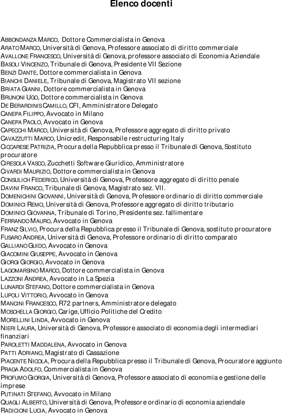 BRIATA GIANNI, Dottore commercialista in Genova BRUNONI UGO, Dottore commercialista in Genova DE BERARDINIS CAMILLO, CFI, Amministratore Delegato CANEPA FILIPPO, Avvocato in Milano CANEPA PAOLO,