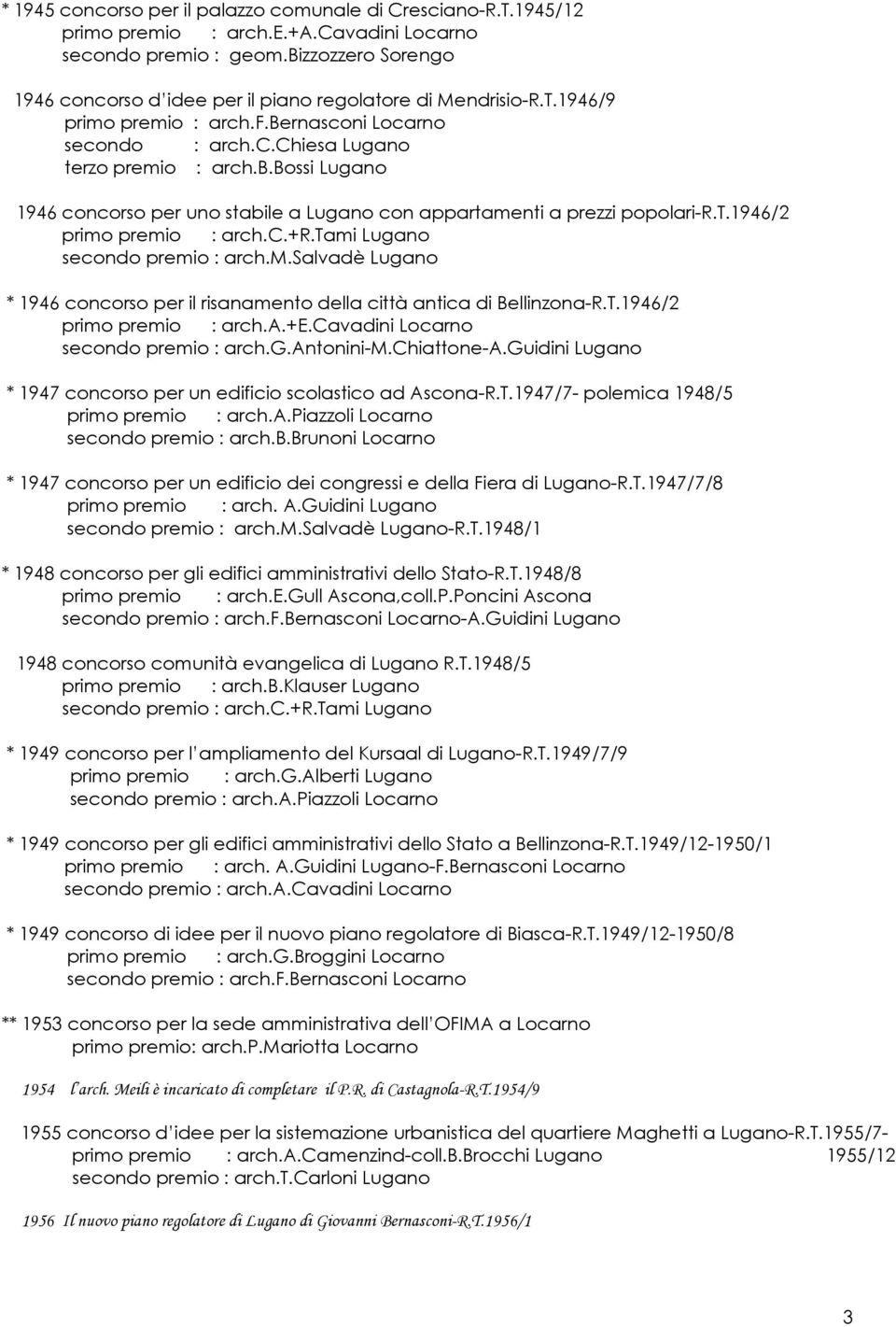 t.1946/2 primo premio : arch.c.+r.tami Lugano secondo premio : arch.m.salvadè Lugano * 1946 concorso per il risanamento della città antica di Bellinzona-R.T.1946/2 primo premio : arch.a.+e.