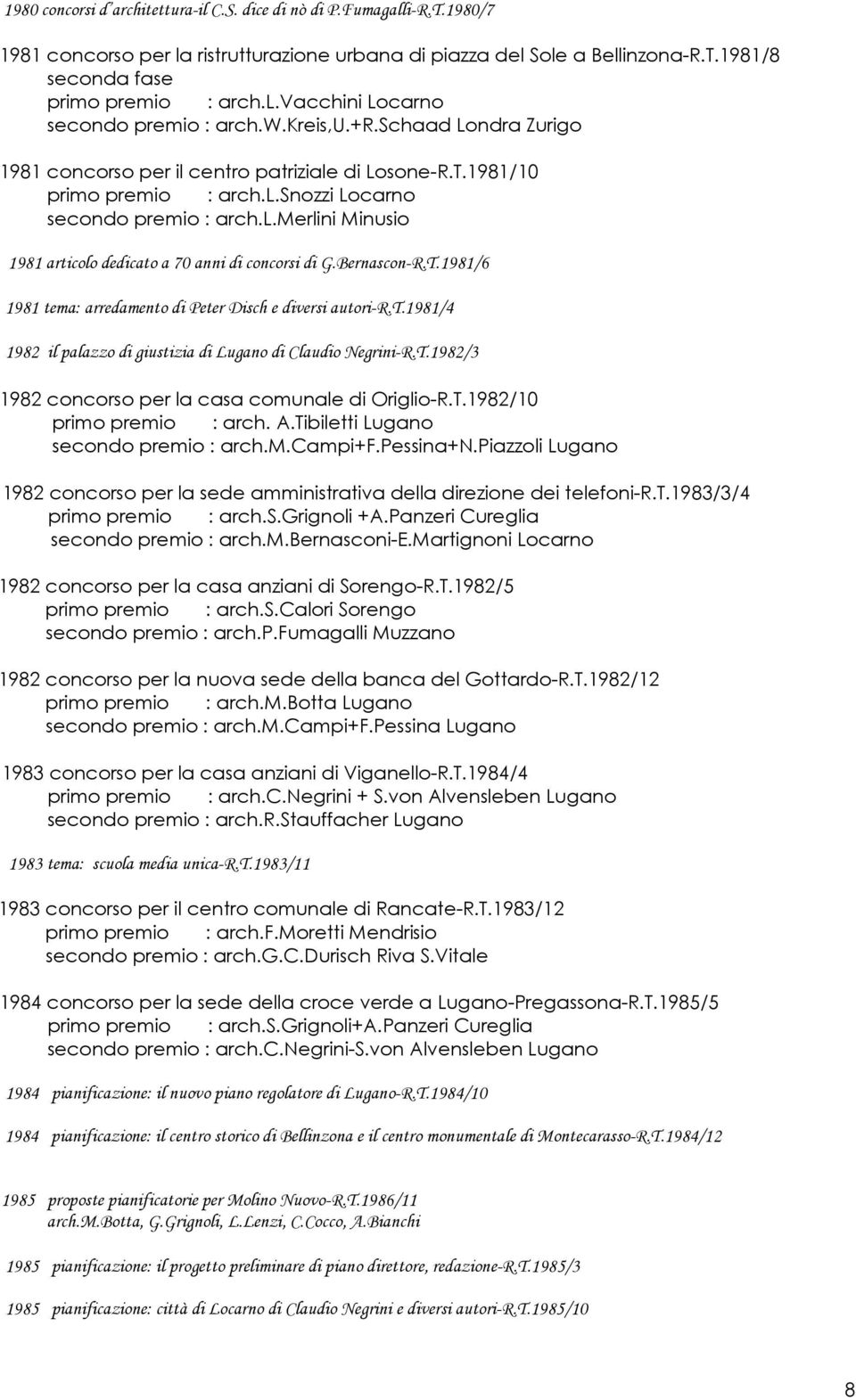 Bernascon-R.T.1981/6 1981 tema: arredamento di Peter Disch e diversi autori-r.t.1981/4 1982 il palazzo di giustizia di Lugano di Claudio Negrini-R.T.1982/3 1982 concorso per la casa comunale di Origlio-R.