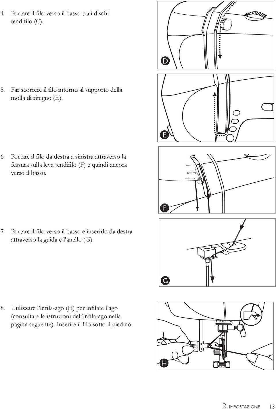 Portare il lo da destra a sinistra attraverso la fessura sulla leva tendi lo (F) e quindi ancora verso il basso. F 7.