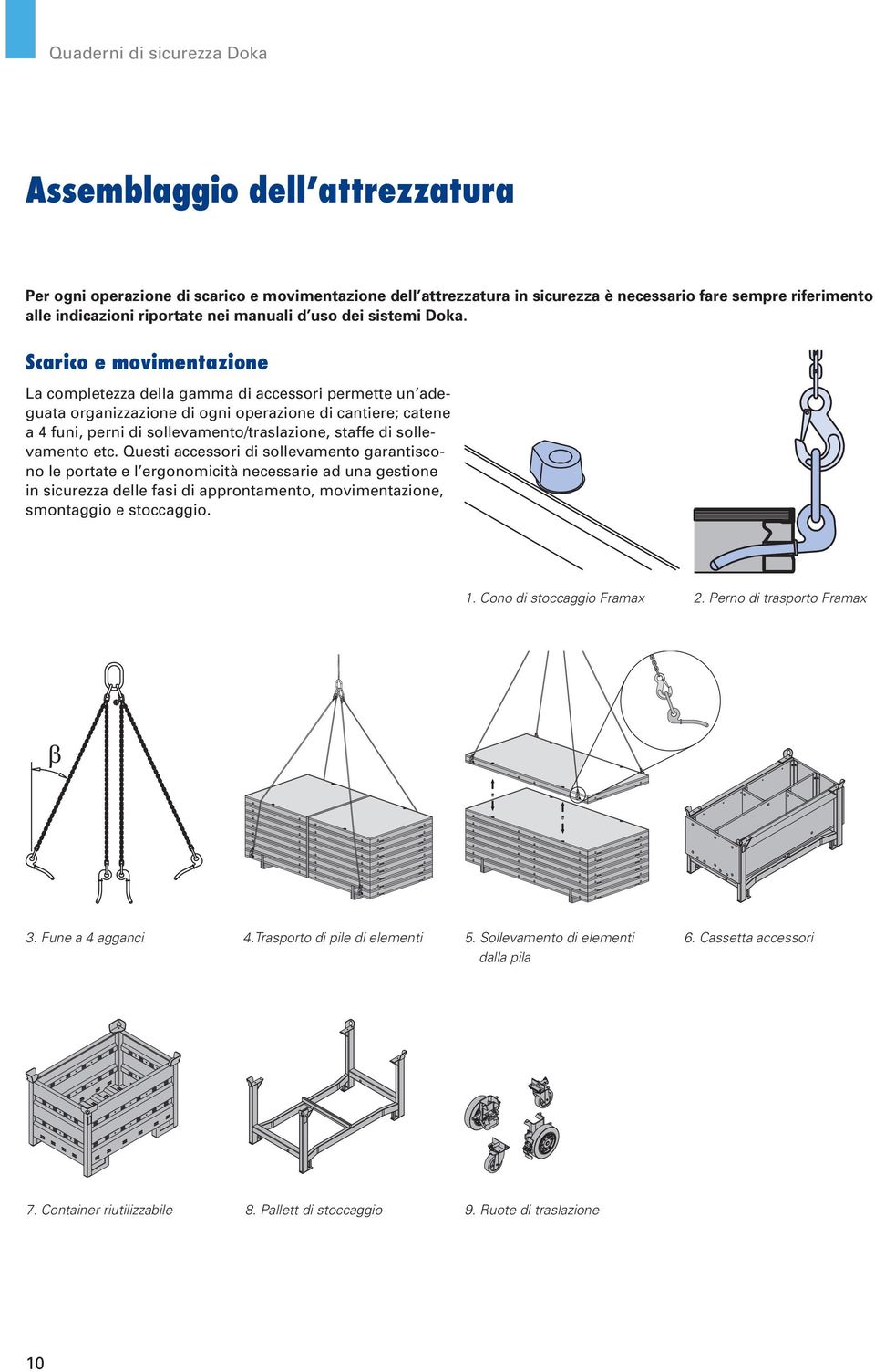 Scarico e movimentazione La completezza della gamma di accessori permette un adeguata organizzazione di ogni operazione di cantiere; catene a 4 funi, perni di sollevamento/traslazione, staffe di