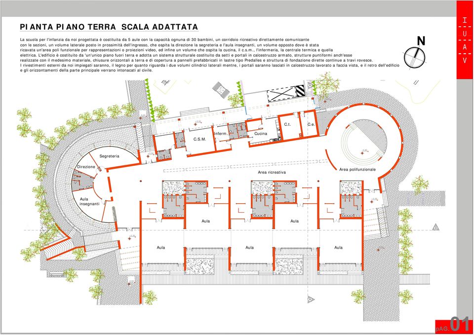 proiezioni video, ed infine un volume che ospita la cucina, il c.s.m., l'infermeria, la centrale termica e quella elettrica.