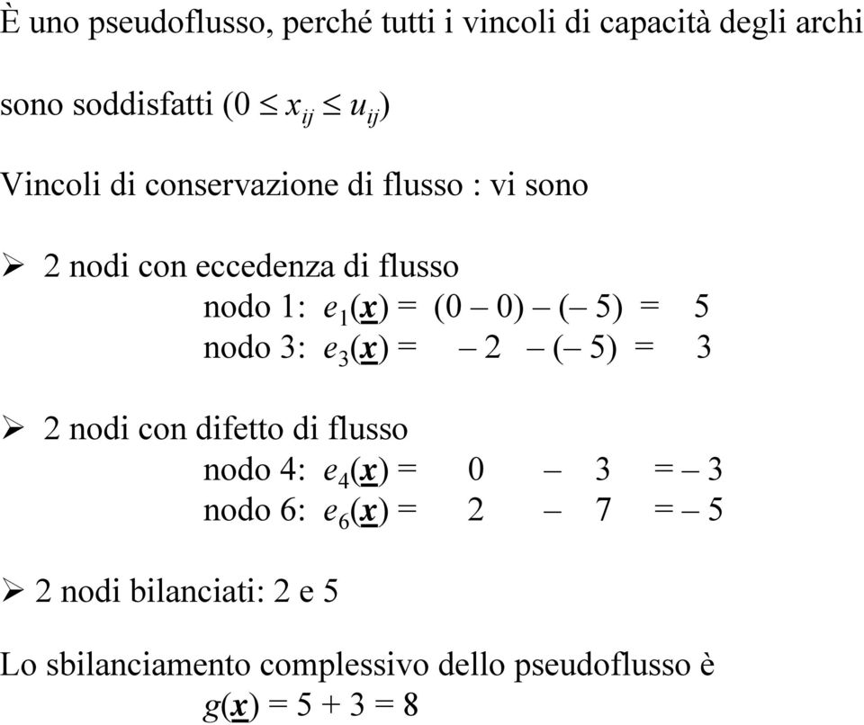 5) = 5 nodo 3: e 3 (x) = 2 ( 5) = 3 2 nodi con difetto di flusso nodo 4: e 4 (x) = 0 3 = 3 nodo 6: e 6