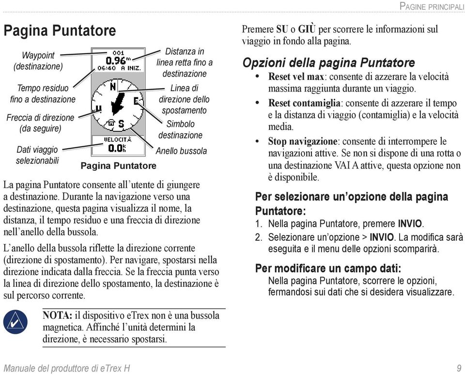 Durante la navigazione verso una destinazione, questa pagina visualizza il nome, la distanza, il tempo residuo e una freccia di direzione nell anello della bussola.