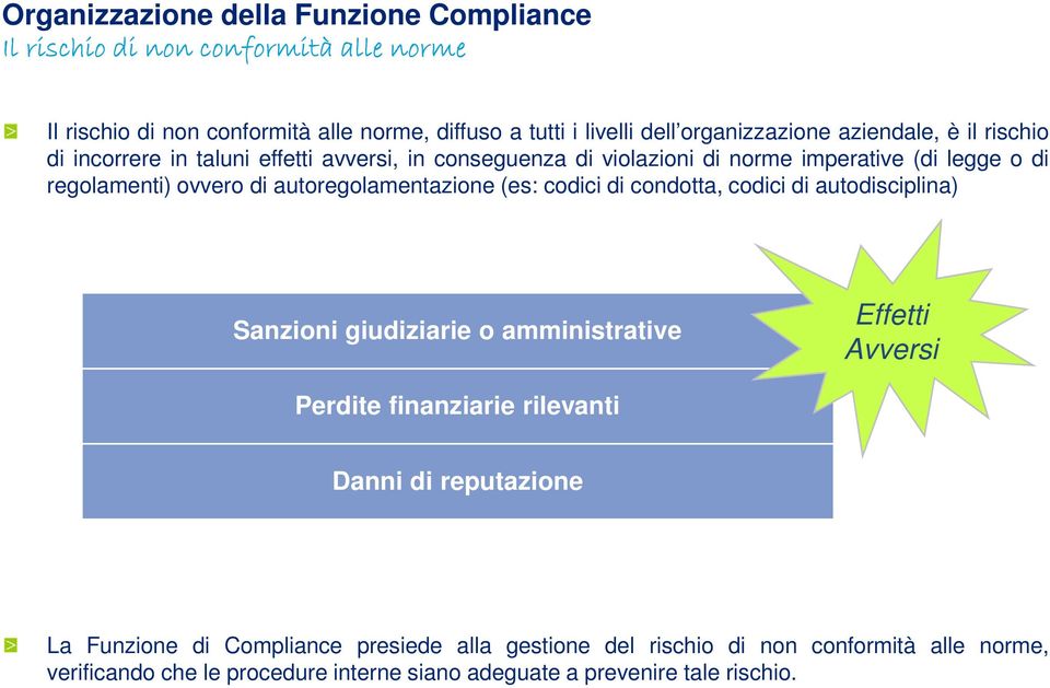 autoregolamentazione (es: codici di condotta, codici di autodisciplina) Sanzioni giudiziarie o amministrative Effetti Avversi Perdite finanziarie rilevanti Danni di