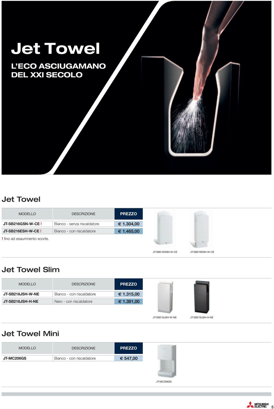 JT-SB216GSN-W-CE JT-SB216ESH-W-CE Jet Towel Slim DESCRIZIONE JT-SB216JSH-W-NE Bianco - con riscaldatore 1.