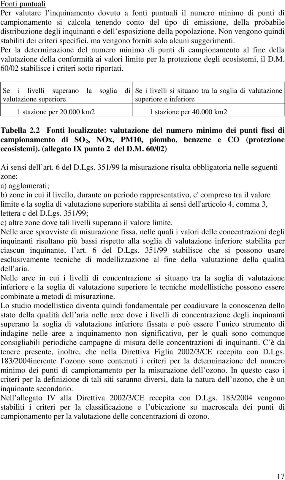 Per la determinazione del numero minimo di punti di campionamento al fine della valutazione della conformità ai valori limite per la protezione degli ecosistemi, il D.M.