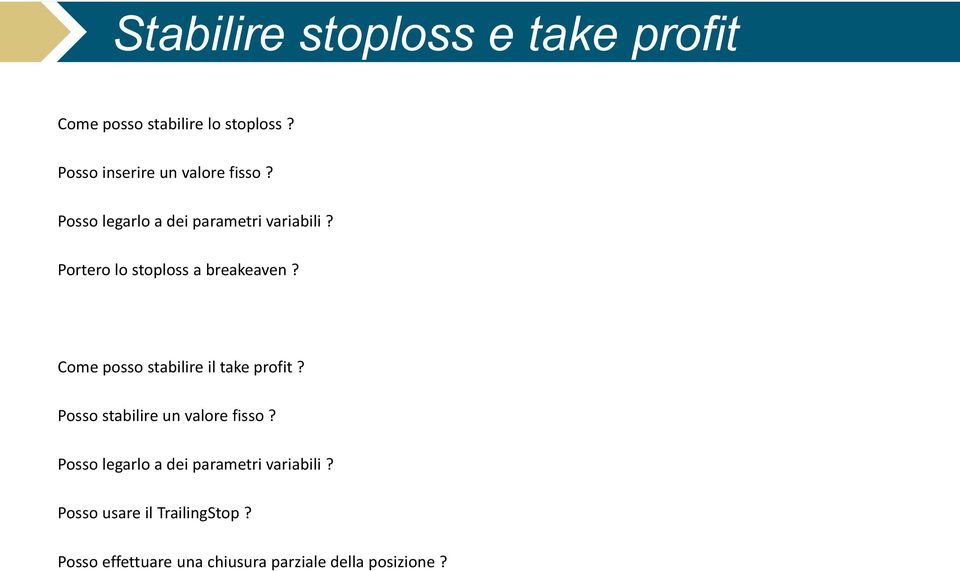 Portero lo stoploss a breakeaven? Come posso stabilire il take profit?