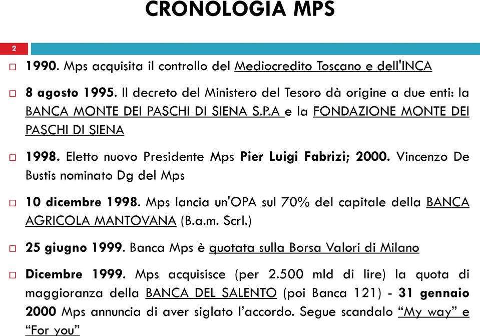 Eletto nuovo Presidente Mps Pier Luigi Fabrizi; 2000. Vincenzo De Bustis nominato Dg del Mps 10 dicembre 1998.