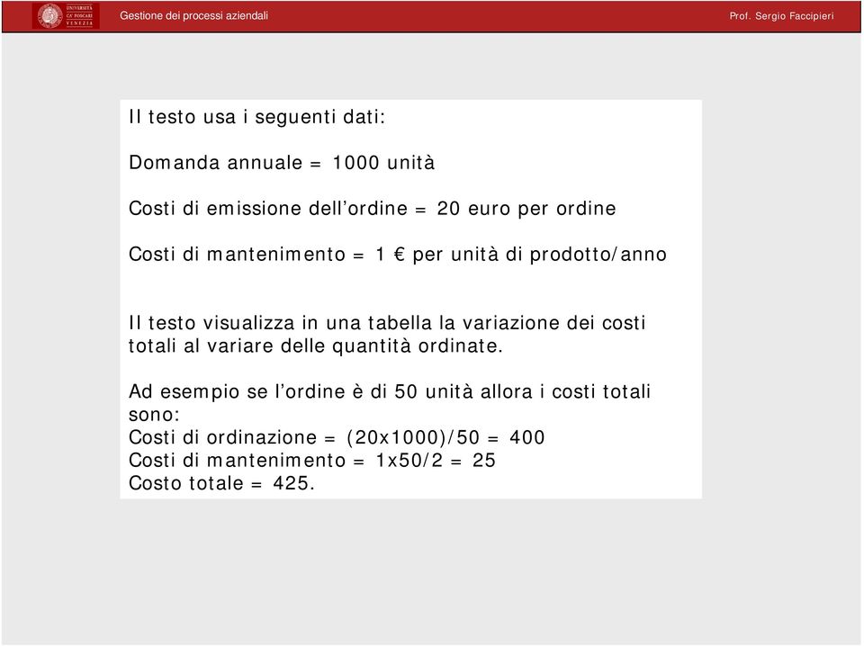 variazione dei costi totali al variare delle quantità ordinate.