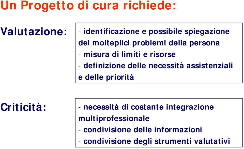 necessità assistenziali e delle priorità Criticità: - necessità di costante integrazione