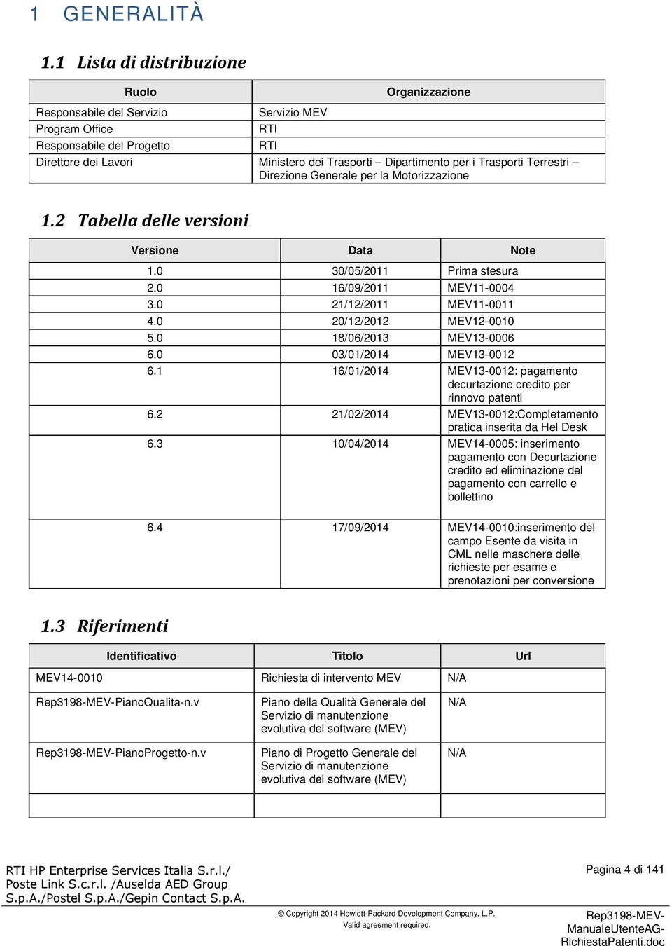 Trasporti Terrestri Direzione Generale per la Motorizzazione 1.2 Tabella delle versioni Versione Data Note 1.0 30/05/2011 Prima stesura 2.0 16/09/2011 MEV11-0004 3.0 21/12/2011 MEV11-0011 4.