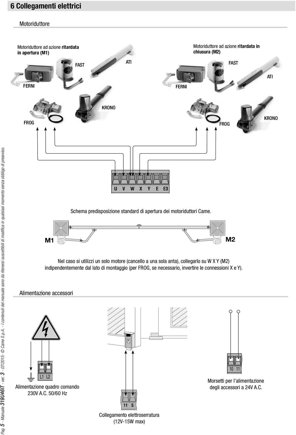 M1 Alimentazione accessori Alimentazione quadro comando 230V A.C. 50/60 Hz Schema predisposizione standard di apertura dei motoriduttori Came.