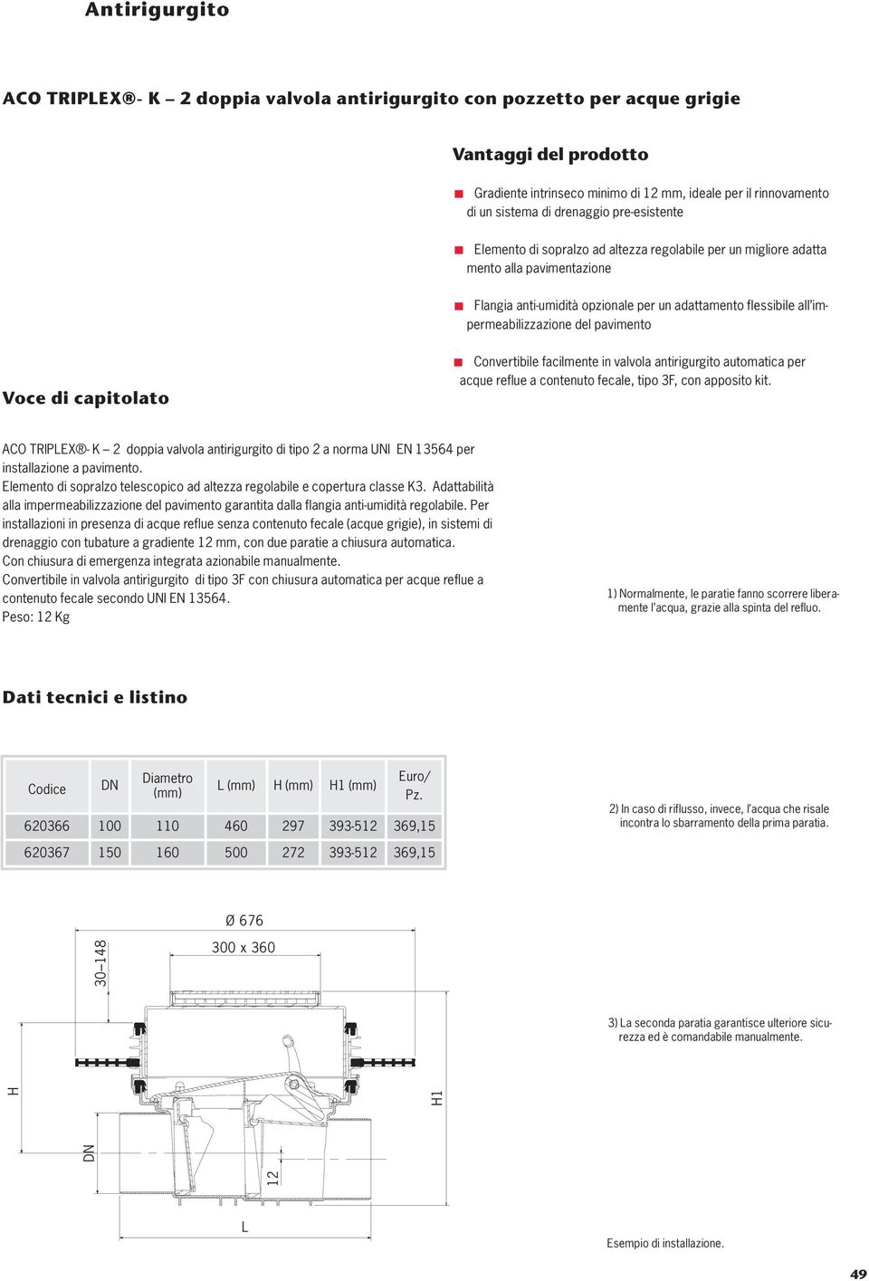 impermeabilizzazione del pavimento Convertibile facilmente in valvola antirigurgito automatica per acque reflue a contenuto fecale, tipo 3F, con apposito kit.