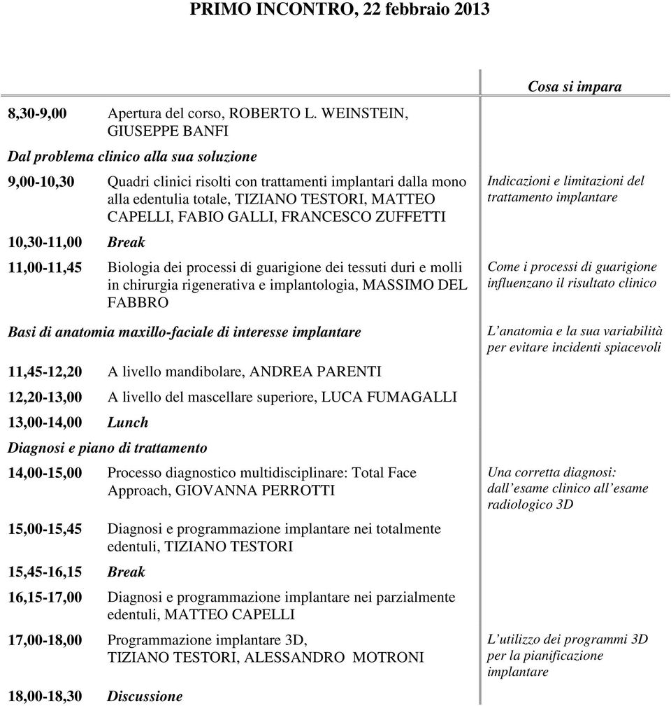 GALLI, FRANCESCO ZUFFETTI 10,30-11,00 Break 11,00-11,45 Biologia dei processi di guarigione dei tessuti duri e molli in chirurgia rigenerativa e implantologia, MASSIMO DEL FABBRO Basi di anatomia