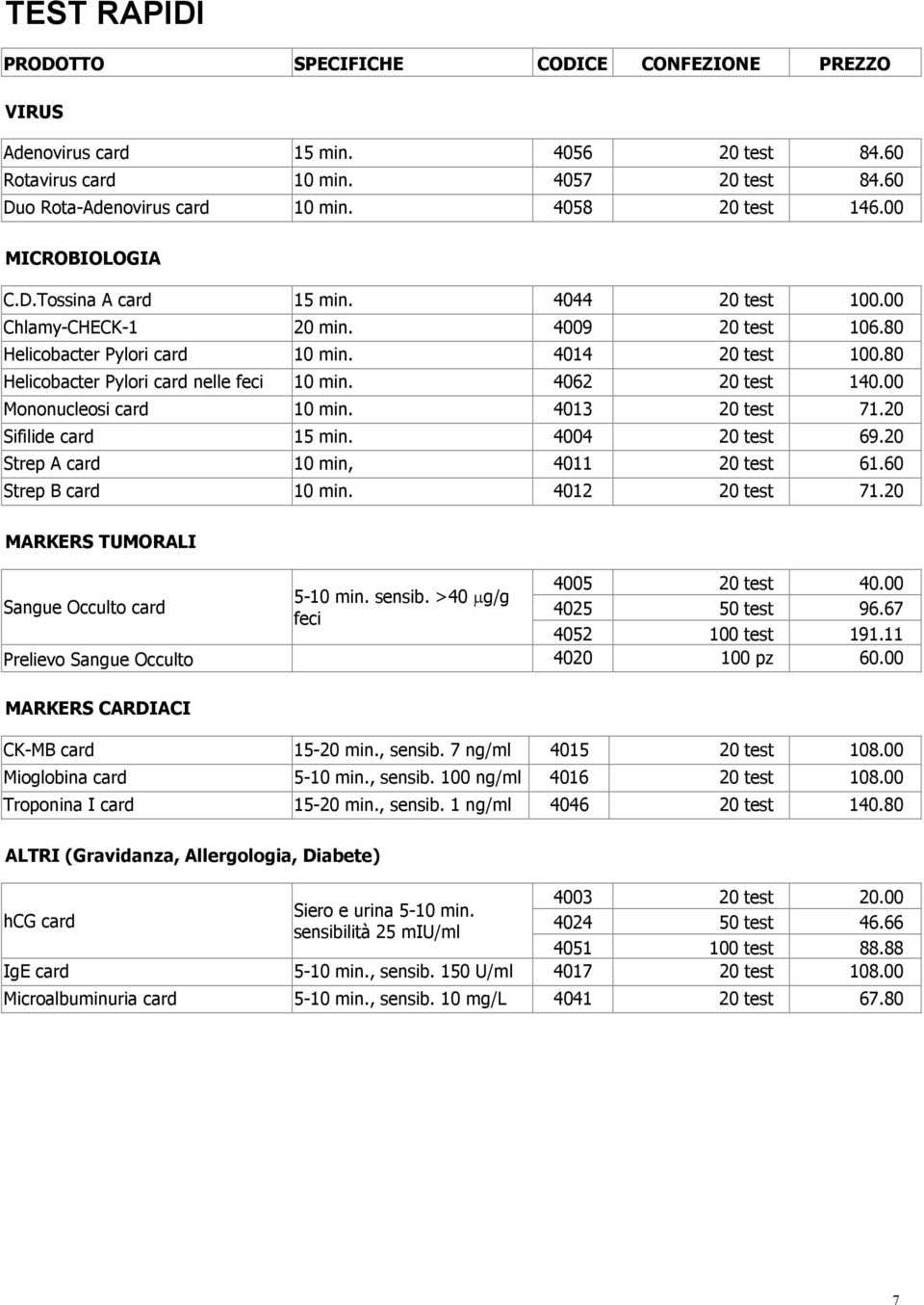 00 Mononucleosi card 10 min. 4013 20 test 71.20 Sifilide card 15 min. 4004 20 test 69.20 Strep A card 10 min, 4011 20 test 61.60 Strep B card 10 min. 4012 20 test 71.