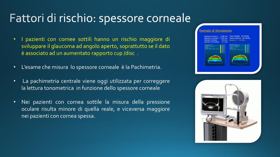 La pachimetria centrale viene oggi utilizzata per correggere la lettura tonometrica in funzione dello spessore corneale Nei