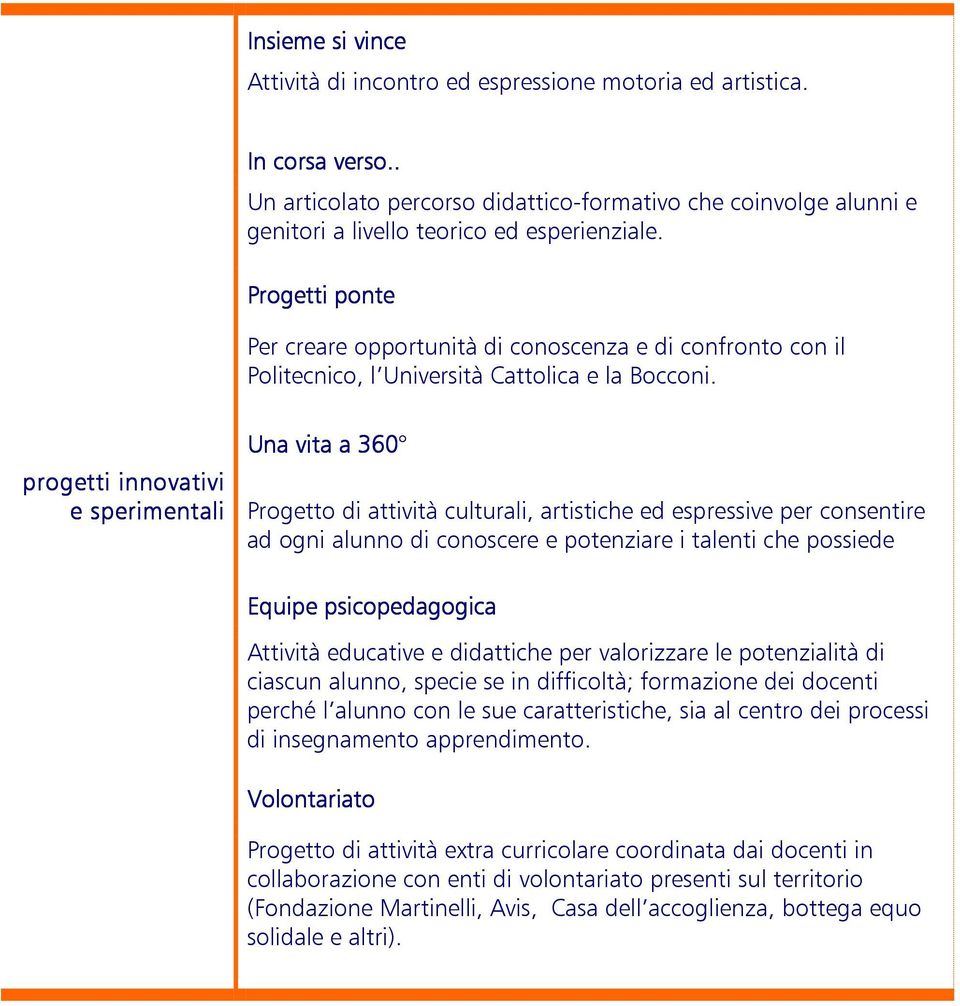 Progetti ponte Per creare opportunità di conoscenza e di confronto con il Politecnico, l Università Cattolica e la Bocconi.