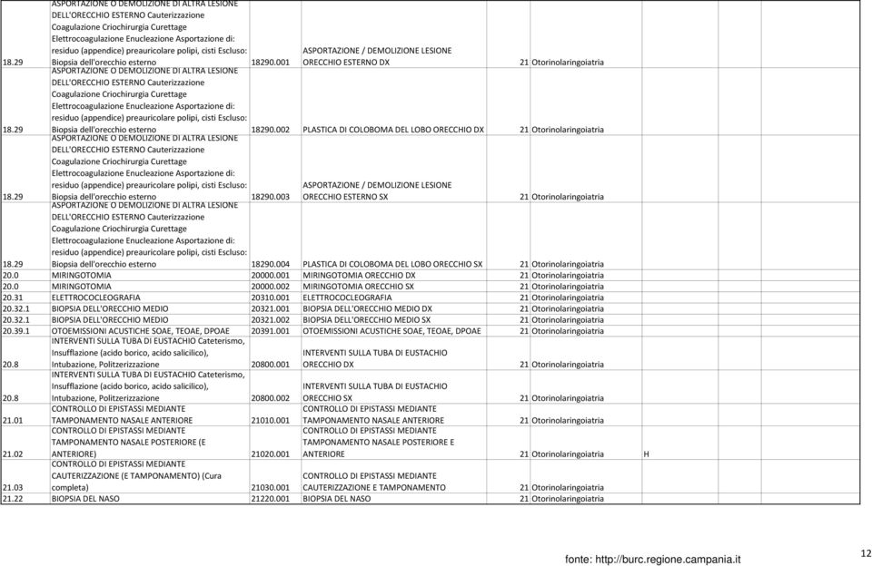 001 ASPORTAZIONE O DEMOLIZIONE DI ALTRA LESIONE DELL'ORECCHIO ESTERNO Cauterizzazione Coagulazione Criochirurgia Curettage Elettrocoagulazione Enucleazione Asportazione di: residuo (appendice)