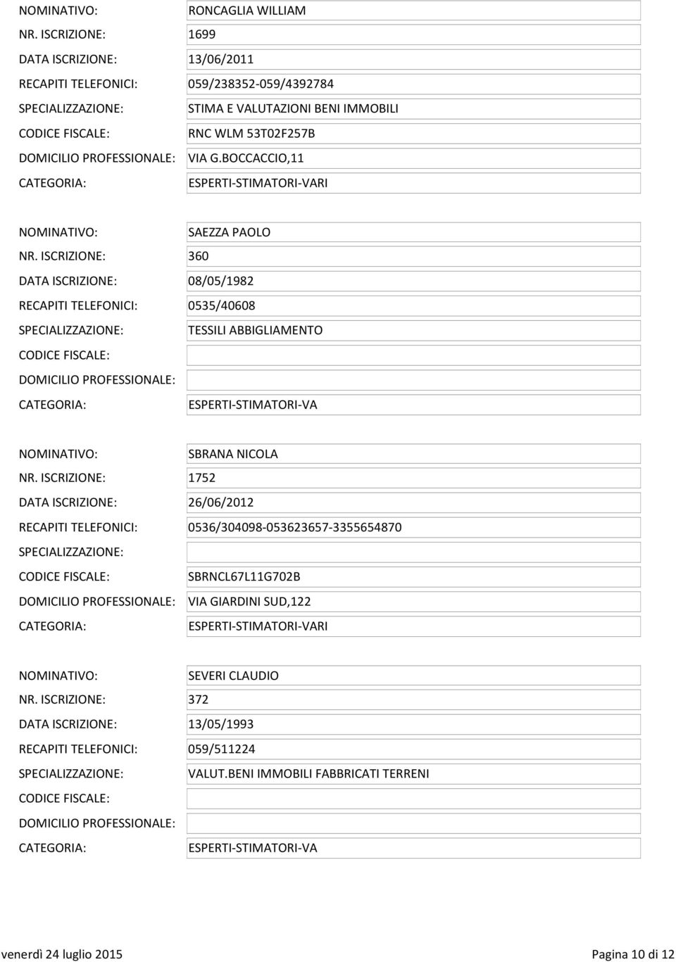 BOCCACCIO,11 NOMINATIVO: SAEZZA PAOLO NR. ISCRIZIONE: 360 DATA ISCRIZIONE: 08/05/1982 RECAPITI TELEFONICI: 0535/40608 SPECIALIZZAZIONE: TESSILI ABBIGLIAMENTO NOMINATIVO: SBRANA NICOLA NR.