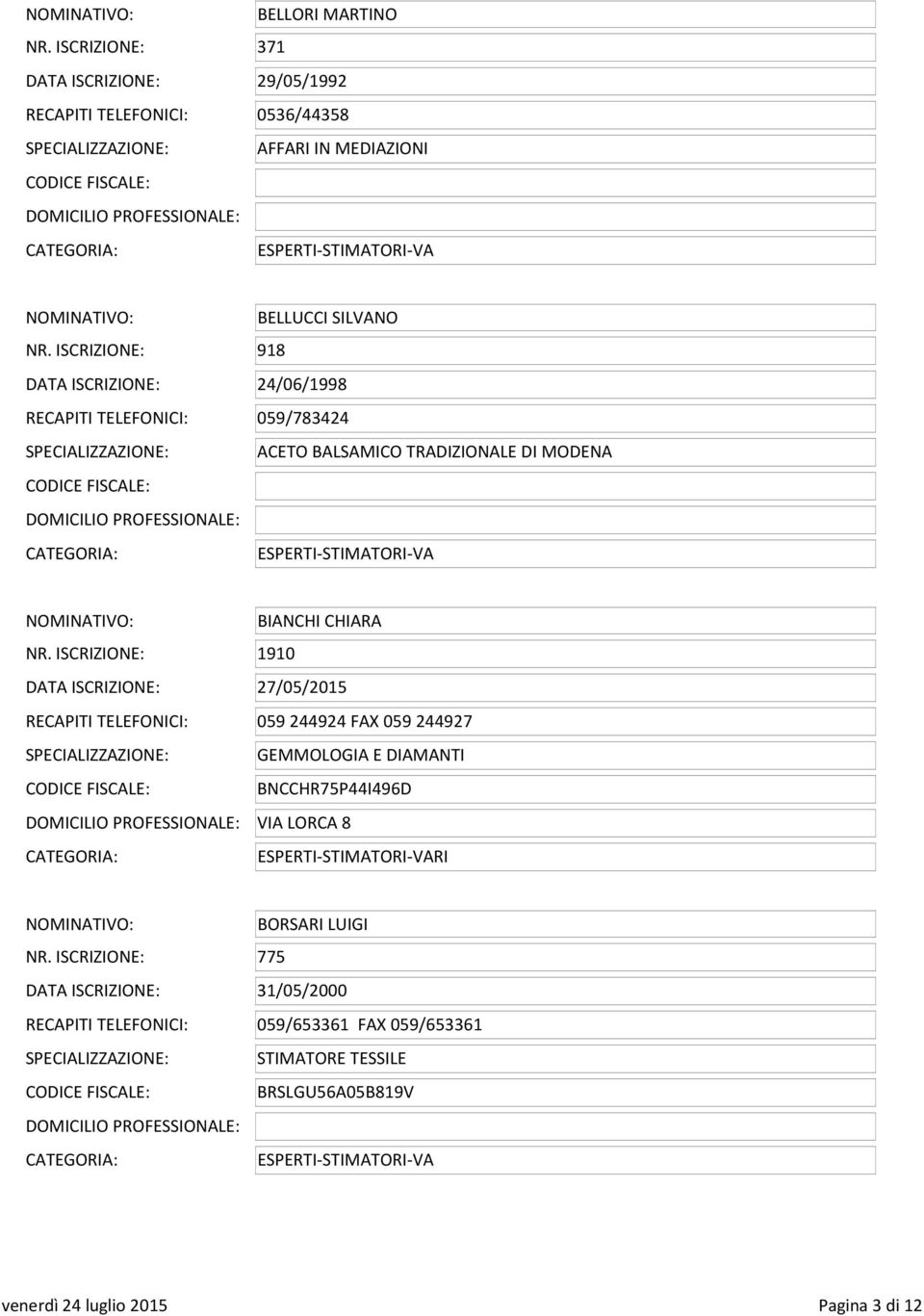 ISCRIZIONE: 1910 DATA ISCRIZIONE: 27/05/2015 RECAPITI TELEFONICI: 059244924 FAX 059244927 SPECIALIZZAZIONE: GEMMOLOGIA E DIAMANTI BNCCHR75P44I496D VIA LORCA 8 NOMINATIVO: BORSARI