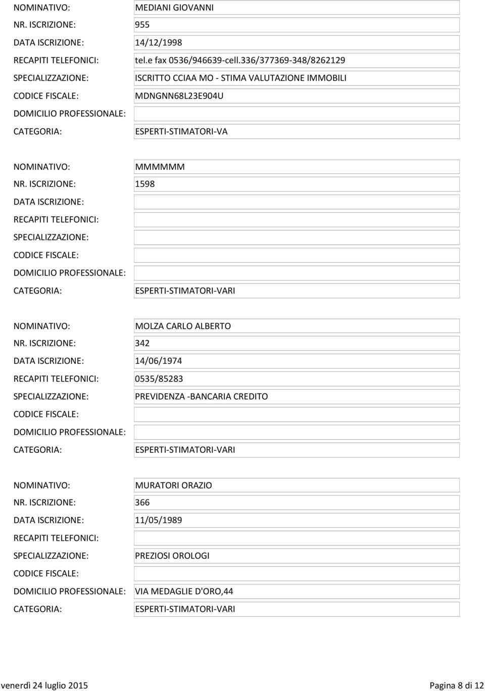 ISCRIZIONE: 1598 DATA ISCRIZIONE: RECAPITI TELEFONICI: SPECIALIZZAZIONE: NOMINATIVO: MOLZA CARLO ALBERTO NR.