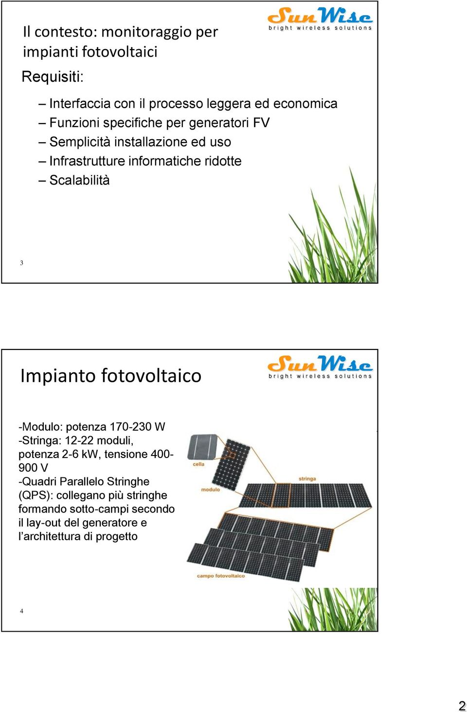 fotovoltaico -Modulo: potenza 170-230 W -Stringa: 12-22 moduli, potenza 2-6 kw, tensione 400-900 V -Quadri Parallelo