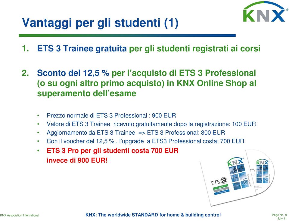 normale di ETS 3 Professional : 900 EUR Valore di ETS 3 Trainee ricevuto gratuitamente dopo la registrazione: 100 EUR Aggiornamento da ETS